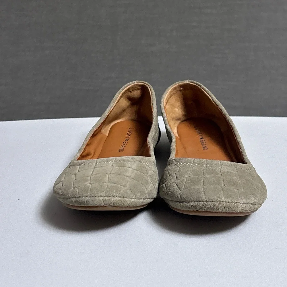 Lucky Brand Flats 8 Taupe Beige Croc Embossed Suede Slip On Ballet Emmie Boho